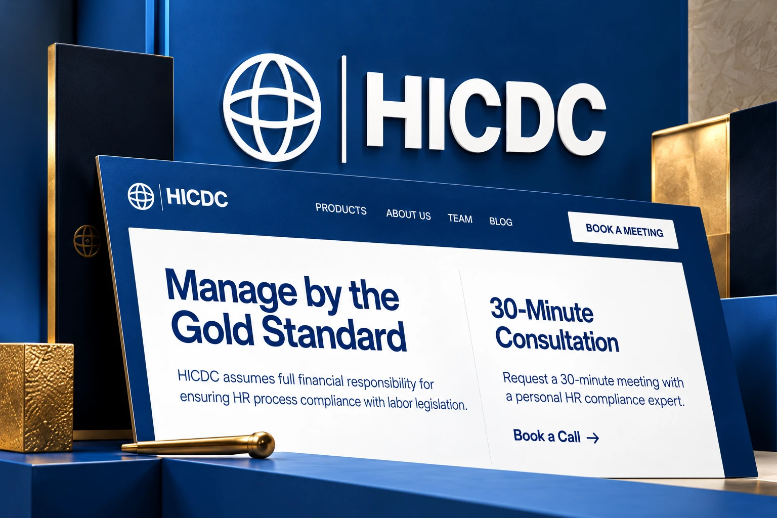 HICDC blue and gold brand and web experience composition