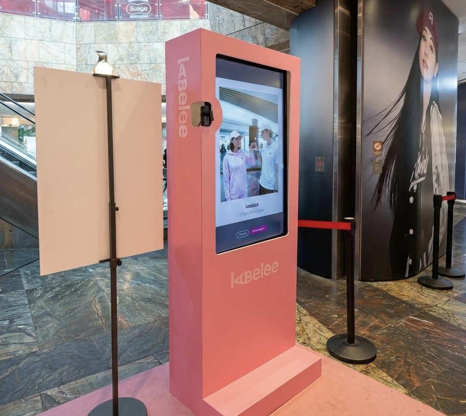 Labelee’s pink AI photo kiosk at its opening-day pop-up, photographed in its original setting.