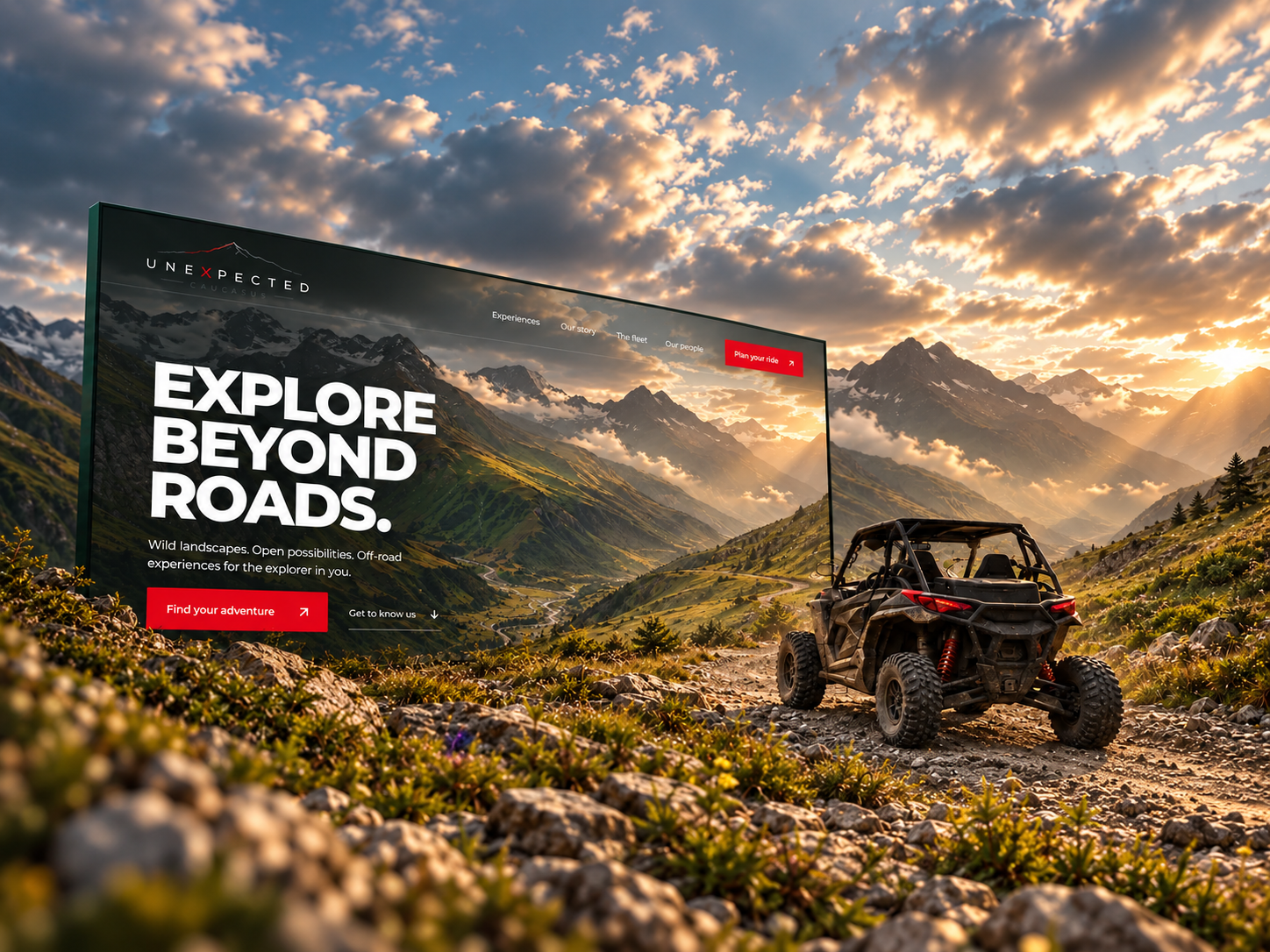 Unexpected Caucasus website set within a dramatic mountain landscape, with an off-road buggy in the foreground.