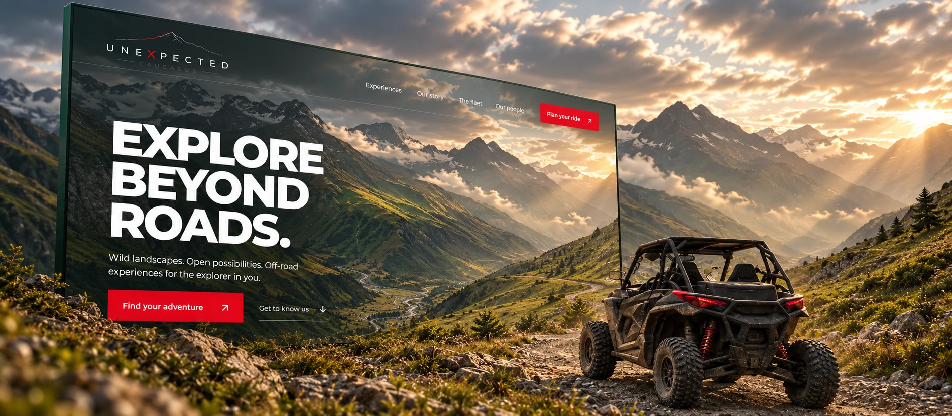 Unexpected Caucasus website set within a dramatic mountain landscape, with an off-road buggy in the foreground.